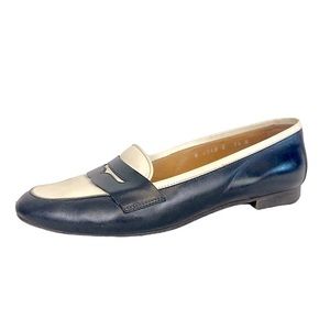 VINTAGE Ralph Lauren Classic Deep Navy & Ivory Italian Leather Penny Loafer